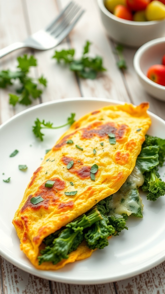 A golden brown kale and cheese omelette on a plate, garnished with herbs, with fruit in the background.